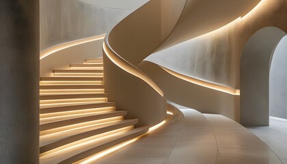 Wall Mural - Poetic interplay of light and shadow on a softly lit staircase with elegant curves and textured walls in a stunning architectural space