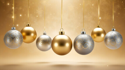 Christmas baubles with gold and silver designs, floating in a surreal golden mist. The background fades into soft gradients of light, with empty spaces for adding celebratory text