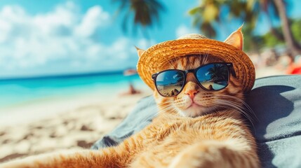 A relaxed cat lounges comfortably on a tropical beach, wearing cool sunglasses and a straw hat, enjoying the warm weather and stunning ocean view