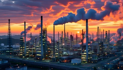 Wall Mural - Sunrise over an oil refinery plant enveloped in smog