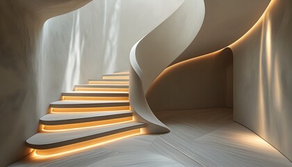 Wall Mural - Poetic interplay of light and shadow on a softly lit staircase with elegant curves and textured walls in a stunning architectural space