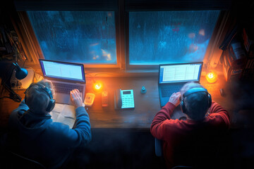 Two people working on laptops at a wooden desk by a rainy window in the evening