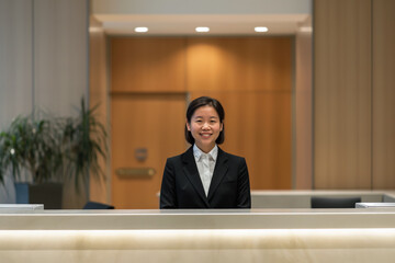 Asian woman working as receptionist, standing at large marble desk smiling, waiting for guests. Generative AI