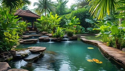 Wall Mural - Tranquil tropical garden featuring a serene pond and elegant fountain at a luxurious hotel