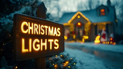 Wall Mural - Sign that reads “CHRISTMAS LIGHTS”.  -  Neighborhood holiday lights - outdoor decorations - white lights - snow man - Santa  - yard - strings 