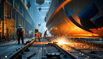 Poster - Dedicated welder crafting a ships hull, bright sparks emphasizing the skill and effort in a bustling shipyard environment