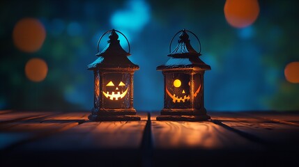 Two halloween lanterns with evil eyes and face on a wood table with a spooky dark blue background at night with light bokeh.