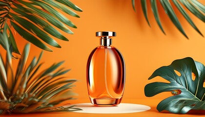 Wall Mural - Elegant perfume bottle surrounded by tropical leaves against a vibrant orange backdrop, perfect for cosmetic packaging and product promotional displays.