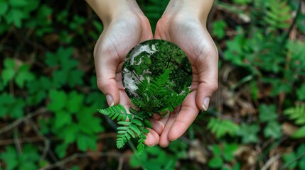 Close-up of hands gently cradling a fern and a reflective globe depicting a forest, symbolizing nature conservation and care.