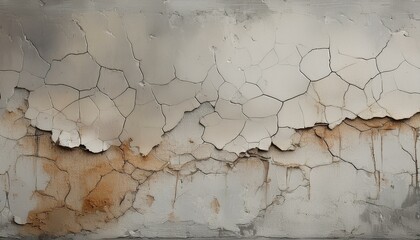 A weathered concrete wall with cracks and peeling paint. The wall is a light gray color with some brown stains.