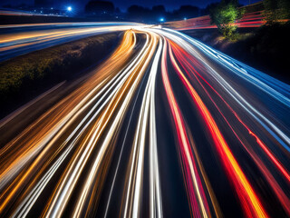 Dynamic Light Trails in Urban Cityscapes at Night with Vibrant Colors, showcasing fast motion, bright colors, and futuristic city views.