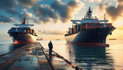 Wall Mural - Captain overseeing a large cargo ship at the bustling dock