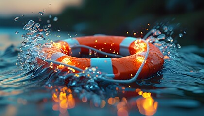 Rescue Signal: A Lifebuoy with Flashing Light Amidst Prismatic Waves for a Trillwave Album Cover