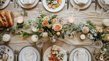 A beautifully arranged festive wedding reception table featuring elegant floral centerpieces, candles, and gourmet food. warm ambiance creates romantic atmosphere perfect for celebration