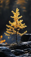 Wall Mural - Golden sunlight filters through the branches of a grand Larch illuminating the serene setting