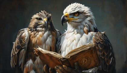 Wall Mural - Wise hawk wearing reading glasses clutching philosophical texts, symbolizing the pursuit of knowledge and intelligence