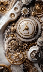 White and gold mechanical gears in abstract design