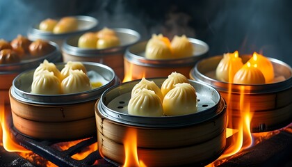 Wall Mural - Mystical dim sum steaming above an enchanting flame radiating captivating glows