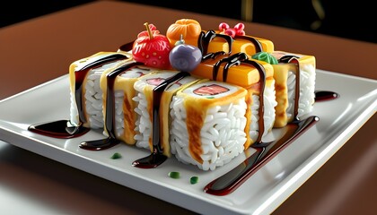 Wall Mural - Sweet and Quirky Dessert Sushi Platter with Fruity Crepes and Chocolate Soy Sauce Accompanied by a Vivid Mascot Character