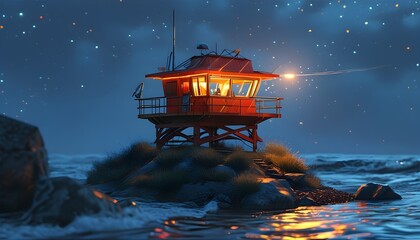 Nighttime rescue scene with a lifeguard tower and flashing emergency light, featuring prismatic highlights and a trillwave album cover aesthetic