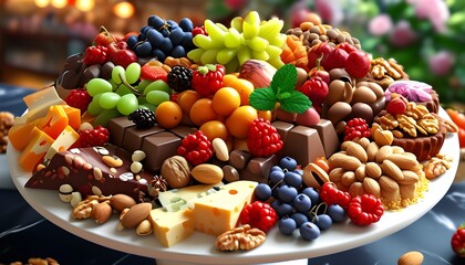 Wall Mural - Artistic dessert charcuterie board featuring chocolate, fruit, nuts, and cheese in a whimsical fantasy-themed 3D render