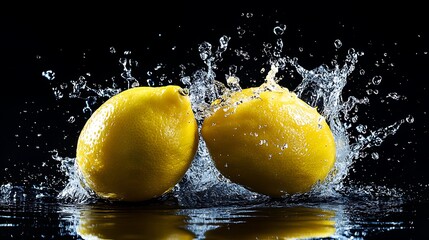 two yellow lemons splashing in water against a black background.