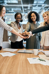 Aufkleber - Happy, business people or teamwork with hands together in unity, motivation or collaboration at office. Young, group or employees piling with smile for solidarity, diversity or inclusion at workplace