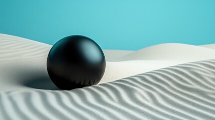 Poster - The smooth black sphere contrasts with the soft curves of the sand dunes, creating a striking visual against the tranquil blue backdrop, evoking a sense of calm