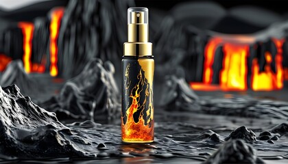 Wall Mural - Elegant cosmetic display featuring golden and pitch-black tones on an erupting volcano backdrop, showcasing modern serum products against flowing lava