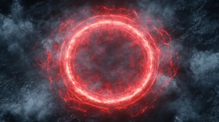 Poster - A bright red circular phenomenon appears amid rolling dark clouds above the ocean, creating an eerie and dramatic effect against the night sky