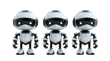 Three small white robot chat bot isolated on a transparent background