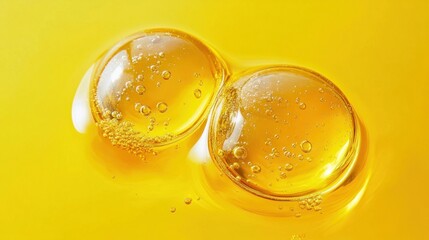 Poster - Two spherical droplets surrounded by bubbles float gracefully against a bright yellow backdrop, showcasing the playful interaction of light and texture that captures attention