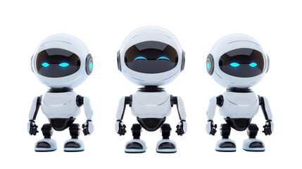 Three small white robot chat bot isolated on a transparent background