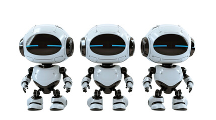 Three small white robot chat bot isolated on a transparent background