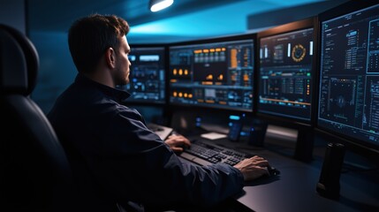 Poster - A skilled analyst is intensely focused on several large computer monitors in a darkened control room, analyzing complex data visualizations and managing real-time information as night falls