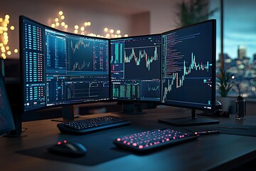 Poster - Modern Workplace with Three Monitors Displaying Stock Market Data