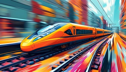 Dynamic abstract portrayal of a train racing along railway tracks in a lively urban environment