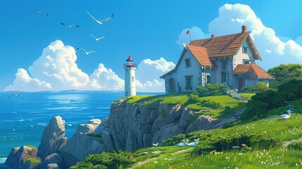 Poster - Lighthouse House on a Cliff by the Sea