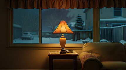 Wall Mural - A cozy living room with snow outside the window