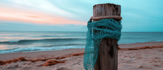 A wooden post with a blue netting tied to it on a beach