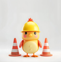 3D Cute Cartoon Chick in Construction Helmet with Safety Cone