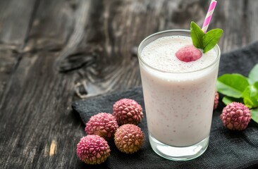 Canvas Print - Creamy lychee smoothie with fresh fruits and leaves arranged on a dark wooden table