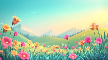 Wall Mural - Beautiful Meadow with Blooming Flowers in a Lush Green Valley