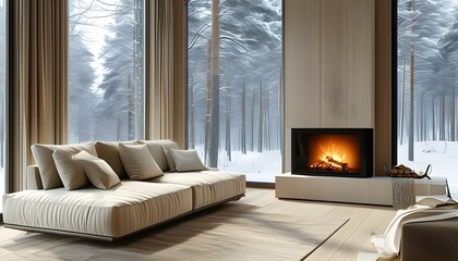 Wall Mural - Bright Nordic Living Room with Cozy Sofa, Serene Snowy Forest View, Modern Fireplace, and Minimalist Decor