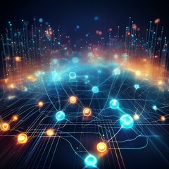 Poster - Abstract digital network with glowing icons, representing communication and data flow.