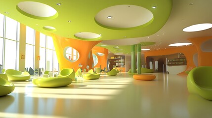 Poster - Modern Interior Design with Green and Orange Walls, Circular Ceiling, and Colorful Seating