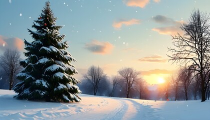 Wall Mural - Festive Christmas Greeting Card Featuring Snowy Landscape with Majestic Christmas Trees