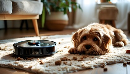 Wall Mural - Relaxed dog enjoys cozy home ambiance while a modern robot vacuum tidies up pet fur and debris nearby