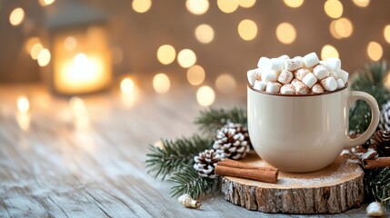 Sticker - Cozy hot chocolate with marshmallows surrounded by winter decorations and warm lights