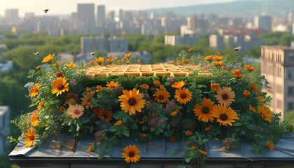 Urban beehives on rooftops enhance biodiversity and support plant growth against a vibrant cityscape backdrop